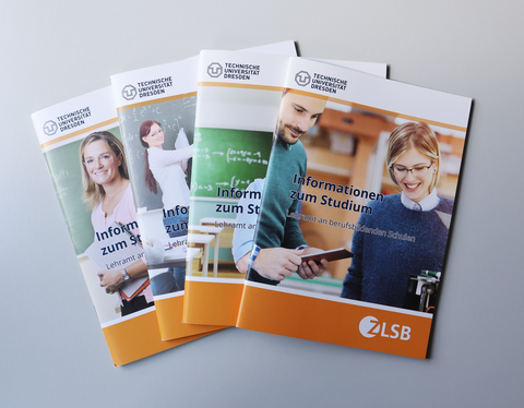 Das Foto zeigt vier Broschüren mit Informationen zu den Lehramtsstudiengängen, die auf einem Tisch aufgefächert sind.