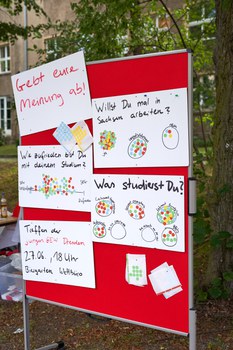 Eine Pinnwandtafel mit verschiedenen Fragen zum Lehramtsstudium und die Antworten dazu.