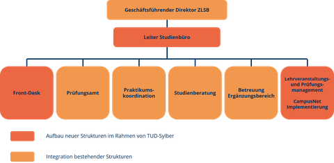 Abbildung zum Aufbau des Studienbüros Lehramt. An dessen Spitze steht der Geschäftsführende Direktor des ZLSBs. Darunter steht der Leiter des Studienbüros.