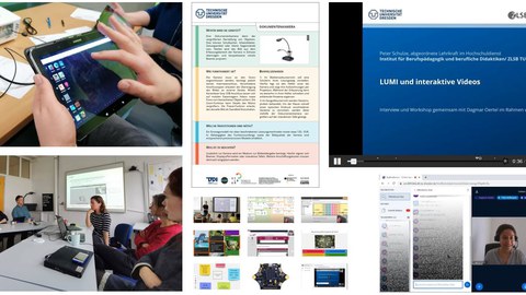 Abgebildet sind mehrere Angebote der Koordinierungsstelle Digitalisierung & BQL.Digital (Video-Tutorials, Mediensteckbriefe, Online-Sprechstunden, Stationen-Workshops, Live-Veranstaltungen, Selbstlernmodule)