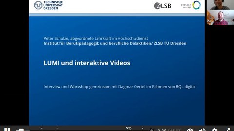 Screenshot aus dem interaktiven Video zu H5P und Lumi - zu sehen ist die Startfolie mit Titel und die zwei Dozent:innen