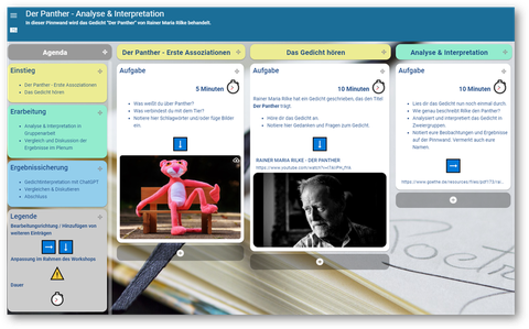 Screenshot einer digitalen Pinnwand mit Aufghaben für Teilnehmende