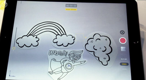 Auf dem Bild sieht man ein Tablet, auf dem gerade eine Szene aus einem Legetechnik-Video abgespielt wird: Man Sieht in der Szene drei Papier-Symbole: Regelwolke, Wolke und einen Comic-Superman, der durch die Luft fliegt.