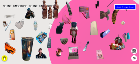 Wimmelbild mit verschiedenen Gegenständen, wie Laptop, Figuren, Dosen, Taschen. Erstellt mit Strange Garden
