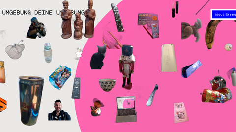 Wimmelbild mit verschiedenen Gegenständen, wie Laptop, Figuren, Dosen, Taschen. Erstellt mit Strange Garden
