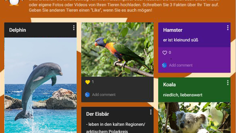 Es ist ein Screenshot zu dem Padlet "Mein Lieblingstier" abgebildet, auf dem Teilnehmende Bilder und Fakten zu ihrem Lieblingstier posten können.
