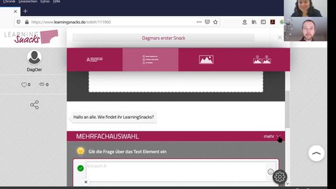 Das Bild ist ein Screenshot von dem LearningSnacks-Editor. Man sieht wie ein LearningSnack erstellt wird und auch die beiden Dozierenden sind abgebildet.
