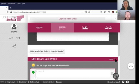 Das Bild ist ein Screenshot von dem LearningSnacks-Editor. Man sieht wie ein LearningSnack erstellt wird und auch die beiden Dozierenden sind abgebildet.