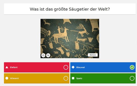 Abgebildet ist ein Kahoot-Quiz mit der Quizfrage, wie das größte Säugetier der Welt heißt.