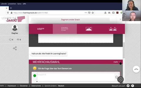 Abgebildet ist der Editor-Bereich der Plattform Learning Snacks, mit der man interaktive Quizze im Messengerstil erstellen kann.