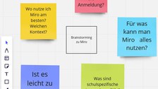 Abgebildet ist ein digitales Whiteboard namens "Miro", auf dem mehrere bunte Post-Its zu sehen sind