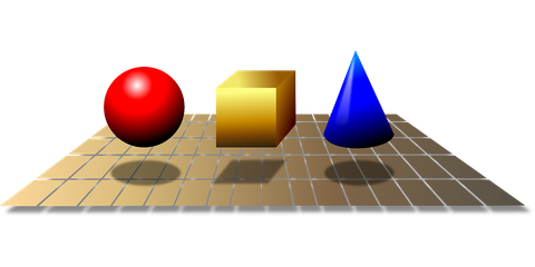 Grafik, in der eine rote Kugel, ein goldener Würfel und ein blauer Zylinder über einer fliesenartigen Fläche schweben.
