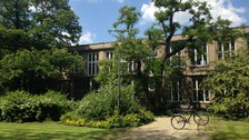 Bild einer Hausansicht des Willersbaus an der TU Dresden. Zu sehen ist ein Gebäude mit Fenstern, vor dem ein Weg lang führt mit einer Grünfläche, Bäumen und einem Fahrradständer samt Fahrrad.