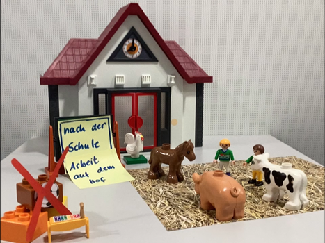 Mit Spielfiguren wurde die folgende Film-Szene aufgebaut: Kinder und Bauernhoftiere stehen im Heu vor einem Schulgebäude, an dem steht "nach der Schule: Arbeit auf dem Hof". Links davon sind ein Fußball und andere Hobby-Utensilien mit einem roten Kreuz bi