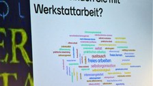 Zu sehen ist eine Folie von einer digitalen Präsentation, in der eine Wortwolke zu der Frage "Was verbinden Sie mit Werkstattarbeit?" im Mittelpunkt steht. Besonders wichtige Begriffe in der Wortwolke sind "Austausch", "Selbstorganisation" und "Freies Arbeiten".