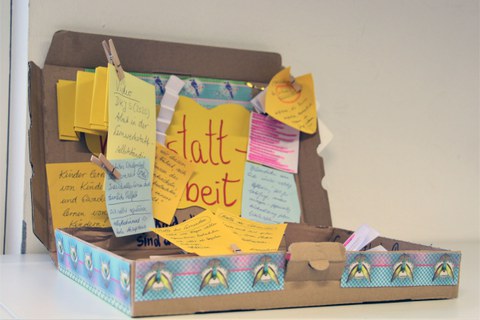 Im Mittelpunkt des Bildes steht eine bunte, aufgeklappt Lernkiste, auf der viele gelbe Postits mit Fragen und Notizen angebracht wurden.