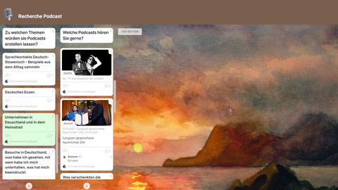 Padlet-Beiträge der Teilnehmenden zu den Fragen „Zu welchen Themen würden Sie Podcasts erstellen lassen?“ (linke Spalte) und „Welche Podcasts hören Sie gerne?“ (rechte Spalte)