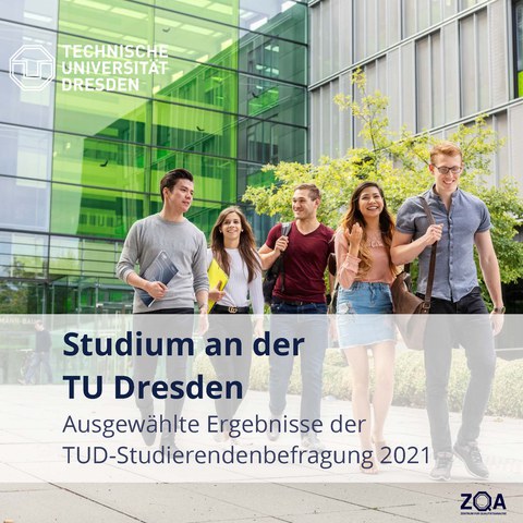 Titelseite der Broschüre inklusive Hintergrundbild von fünf Studenten, die den Andreas-Pfitzmann-Bau verlassen und sich dabei unterhalten. 